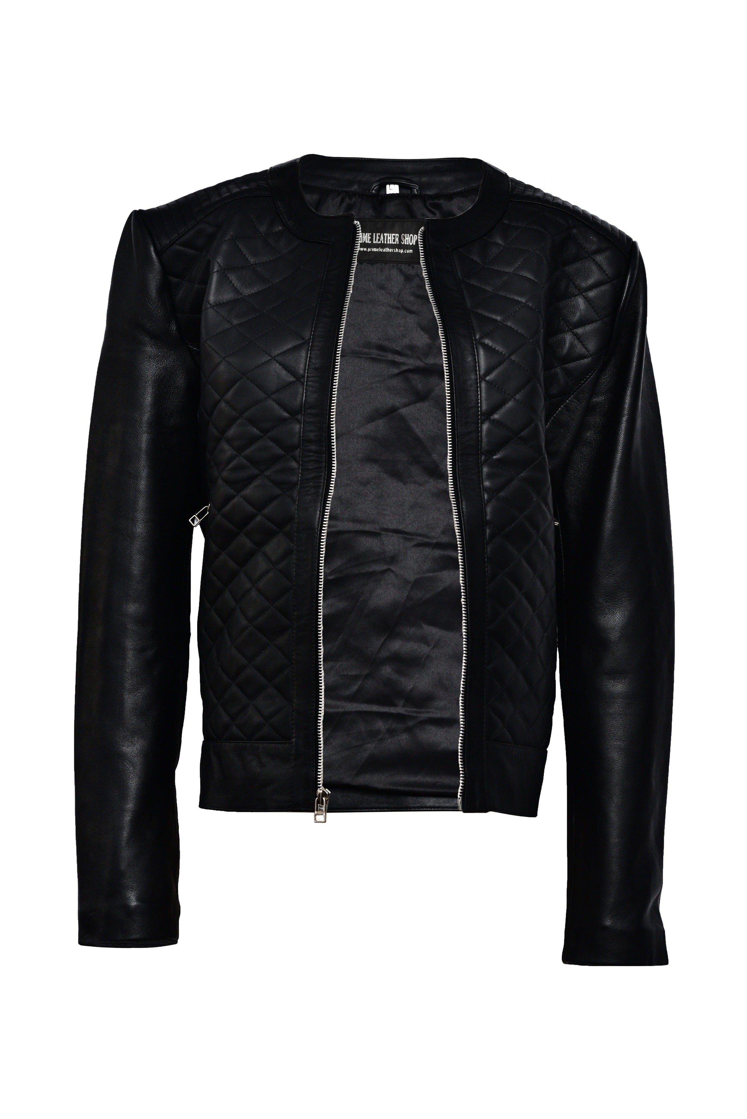 Collarless Black Leather Jacket | Leather Jackets AU Primeleathershop