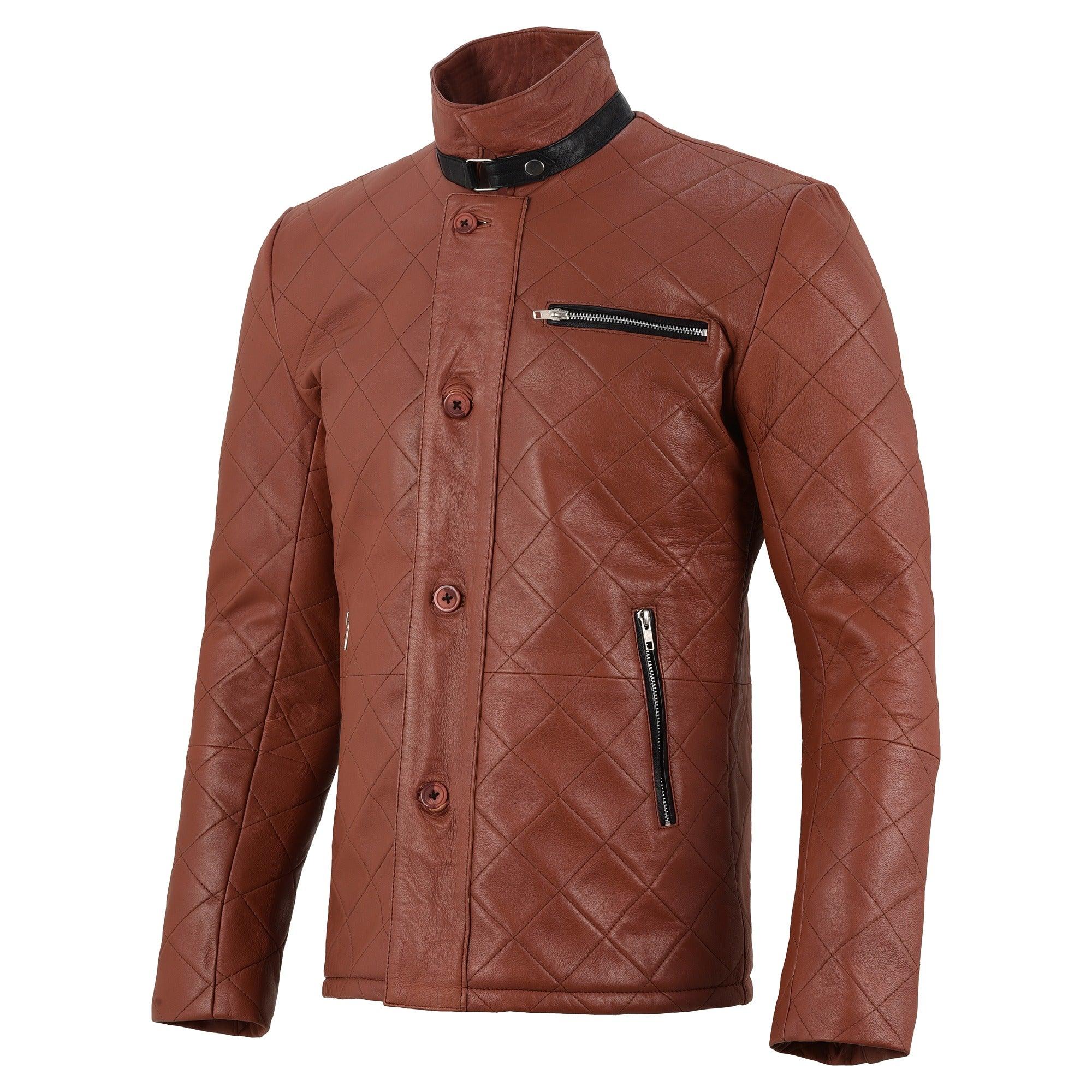 Stylish quilted brown leather jacket Australia with a high collar and zippered pockets for men.