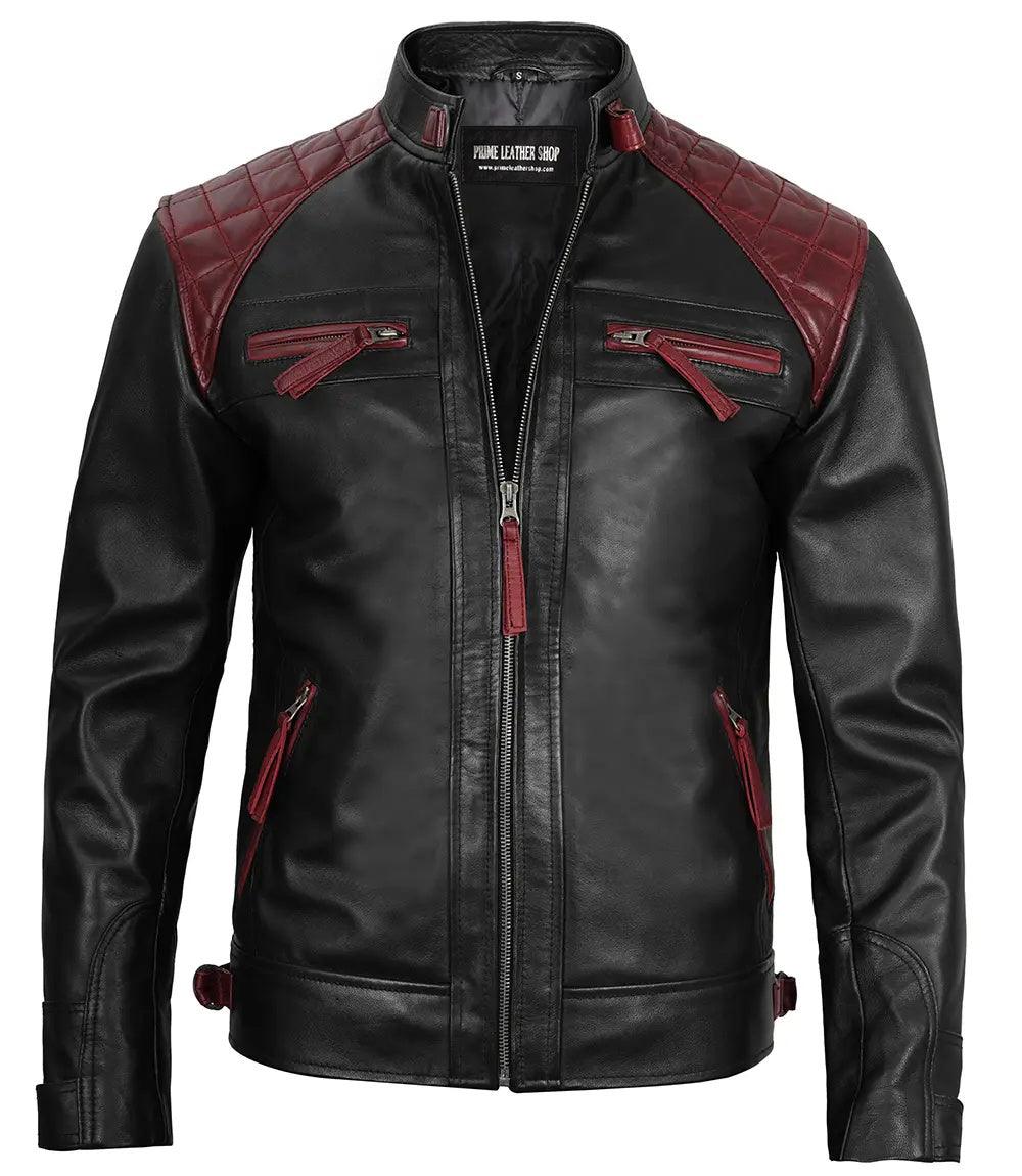 Men’s Speedster Maroon & Black Café Racer Leather Jacket | Leather Jackets AU Primeleathershop