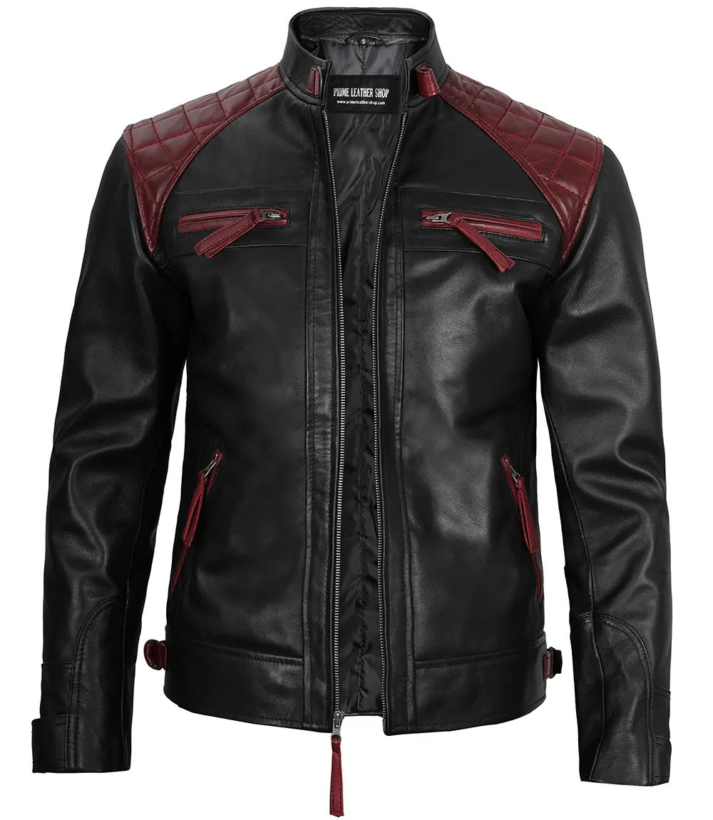 Men’s Speedster Maroon & Black Café Racer Leather Jacket | Leather Jackets AU Primeleathershop