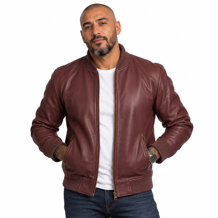 Coastal Earth-Toned Red Men's Leather Bomber Jacket | PrimeLeatherShop
