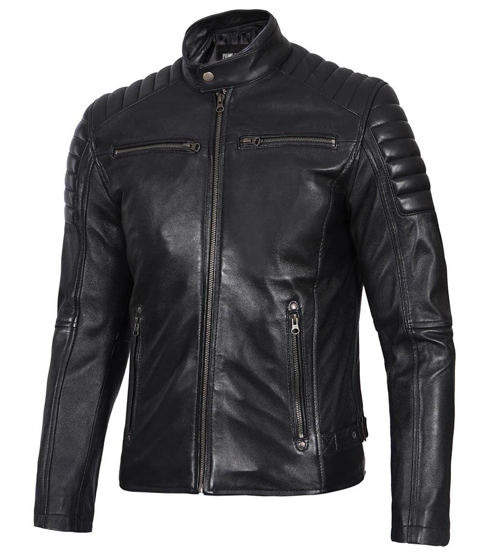 Phantom Black Men's Cafe Racer Leather Jacket | PrimeLeatherShop