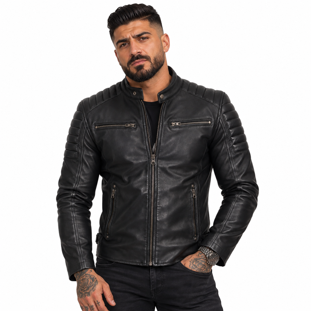 Phantom Black Men's Cafe Racer Leather Jacket | PrimeLeatherShop