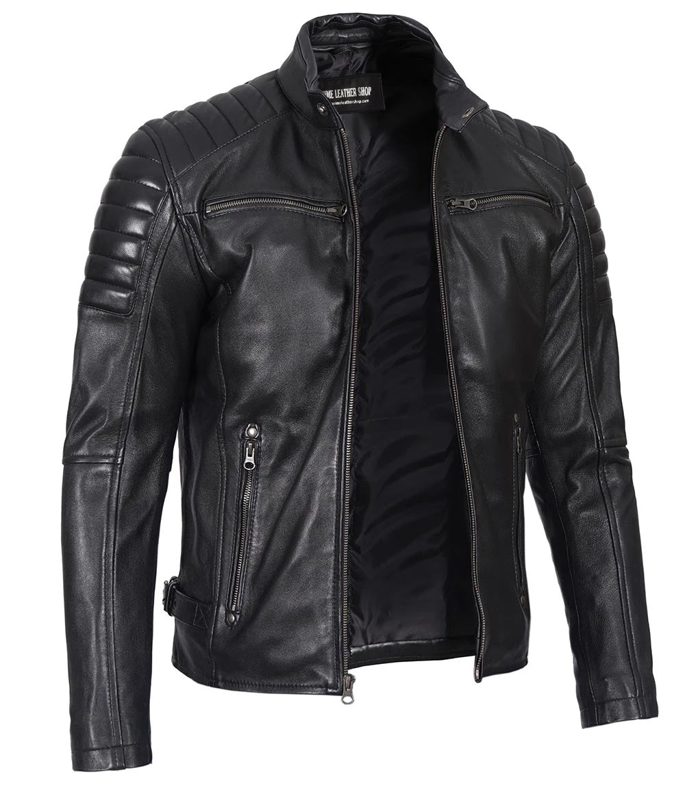 Men’s Phantom Black Café Racer Leather Jacket | Leather Jackets AU Primeleathershop