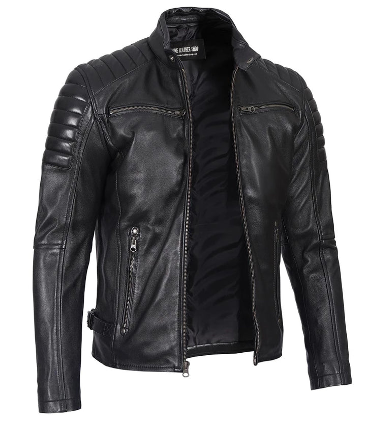 Men’s Phantom Black Café Racer Leather Jacket | Leather Jackets AU Primeleathershop