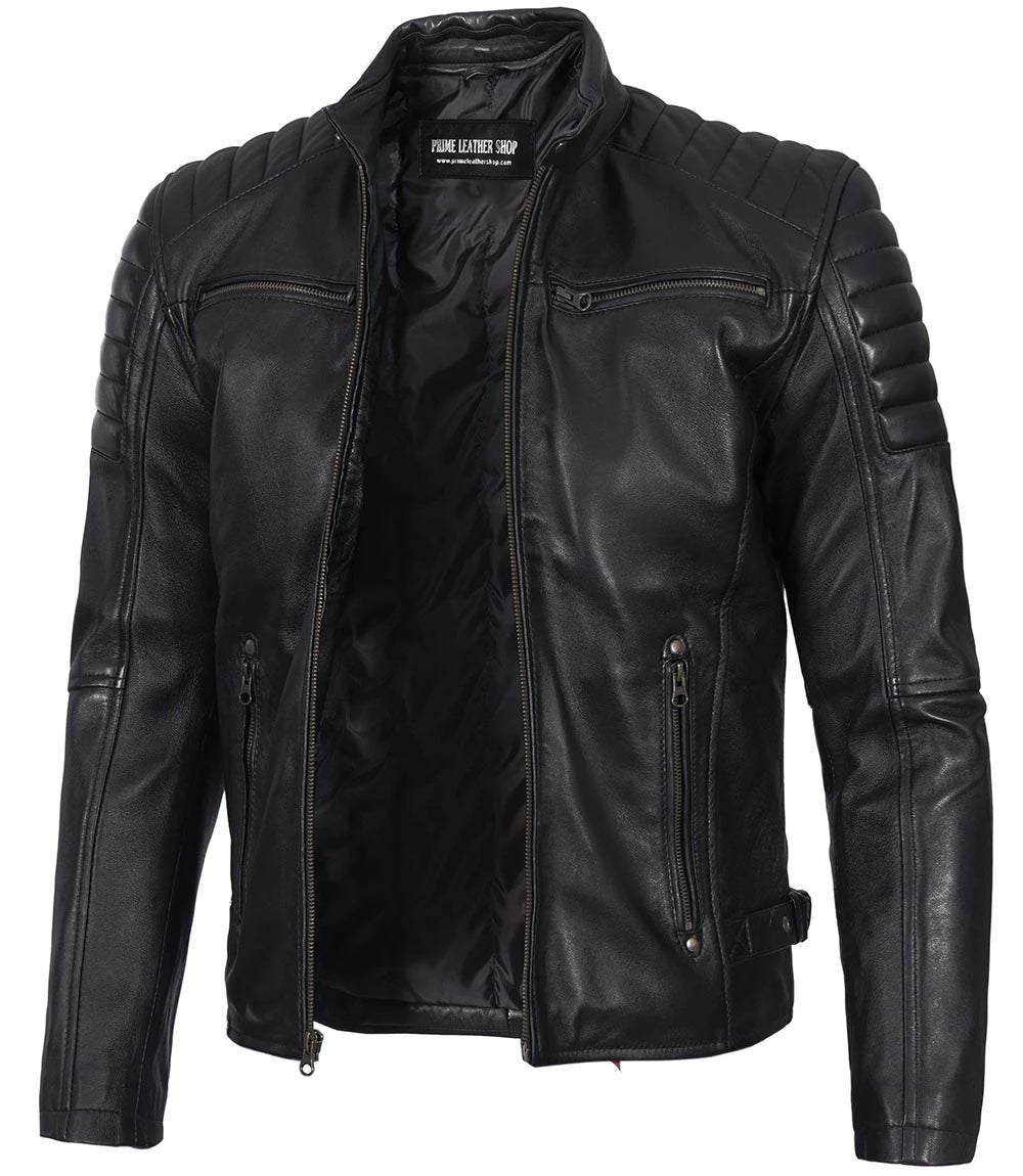 Men’s Phantom Black Café Racer Leather Jacket | Leather Jackets AU Primeleathershop