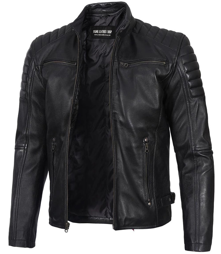 Men’s Phantom Black Café Racer Leather Jacket | Leather Jackets AU Primeleathershop