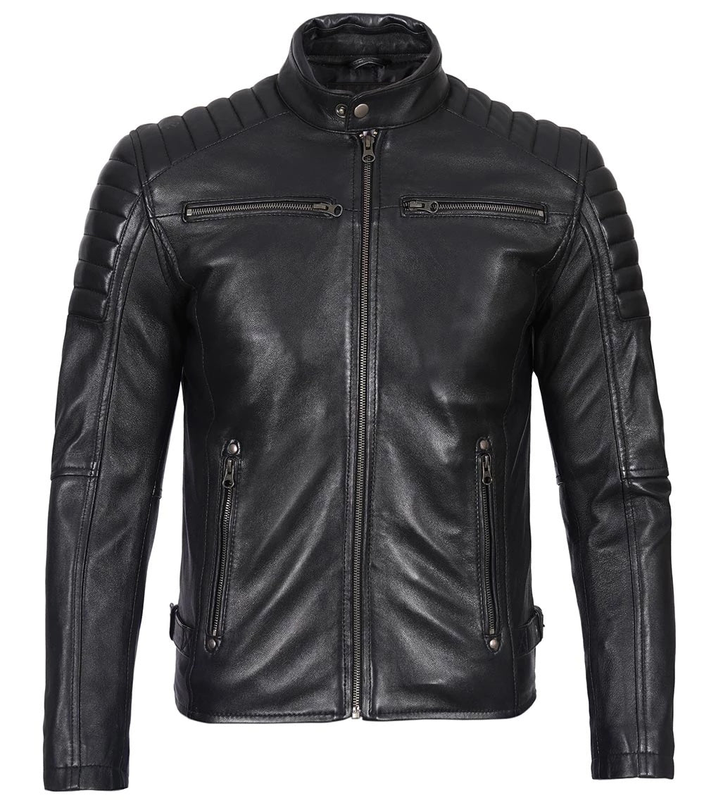 Men’s Phantom Black Café Racer Leather Jacket | Leather Jackets AU Primeleathershop