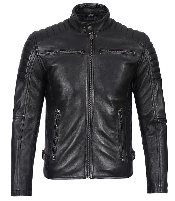 Men’s Phantom Black Café Racer Leather Jacket | Leather Jackets AU Primeleathershop