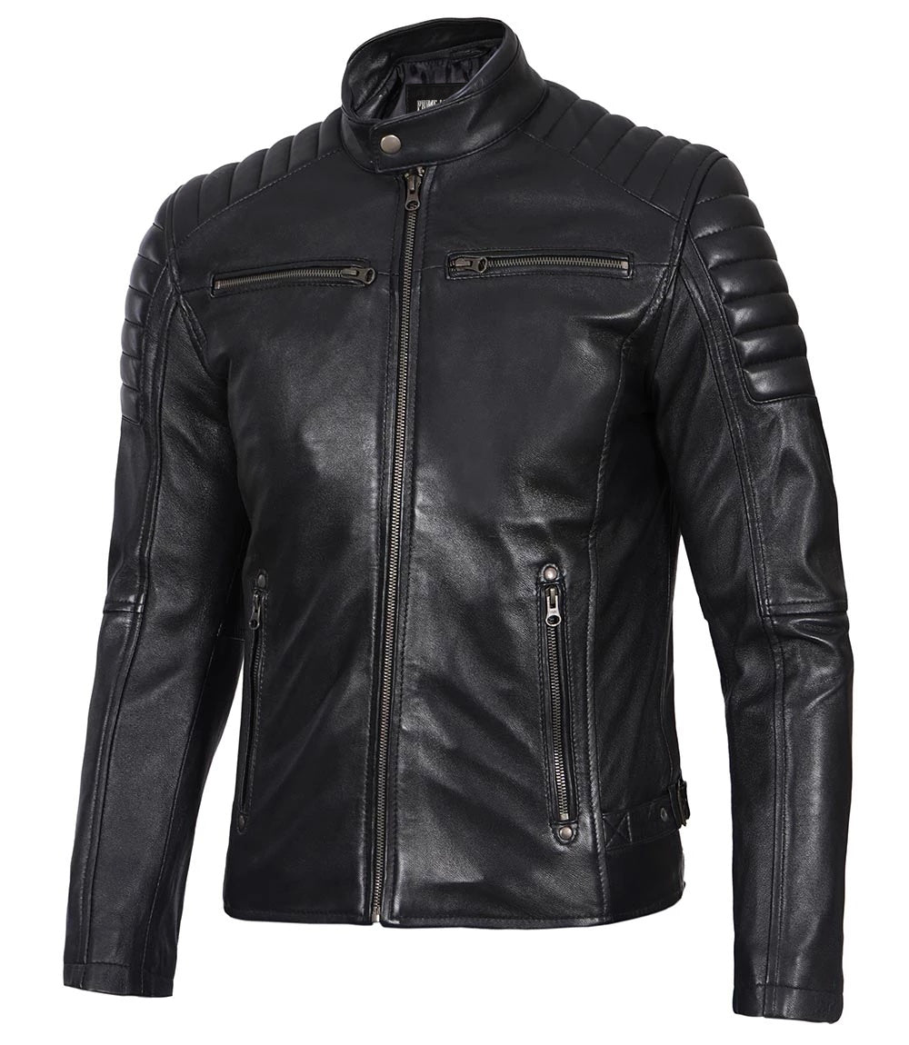 Men’s Phantom Black Café Racer Leather Jacket | Leather Jackets AU Primeleathershop