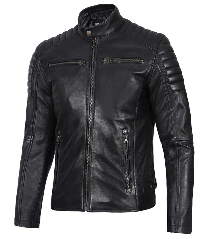 Men’s Phantom Black Café Racer Leather Jacket | Leather Jackets AU Primeleathershop