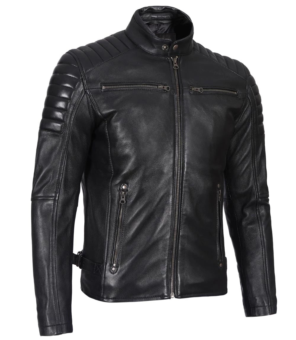 Men’s Phantom Black Café Racer Leather Jacket | Leather Jackets AU Primeleathershop