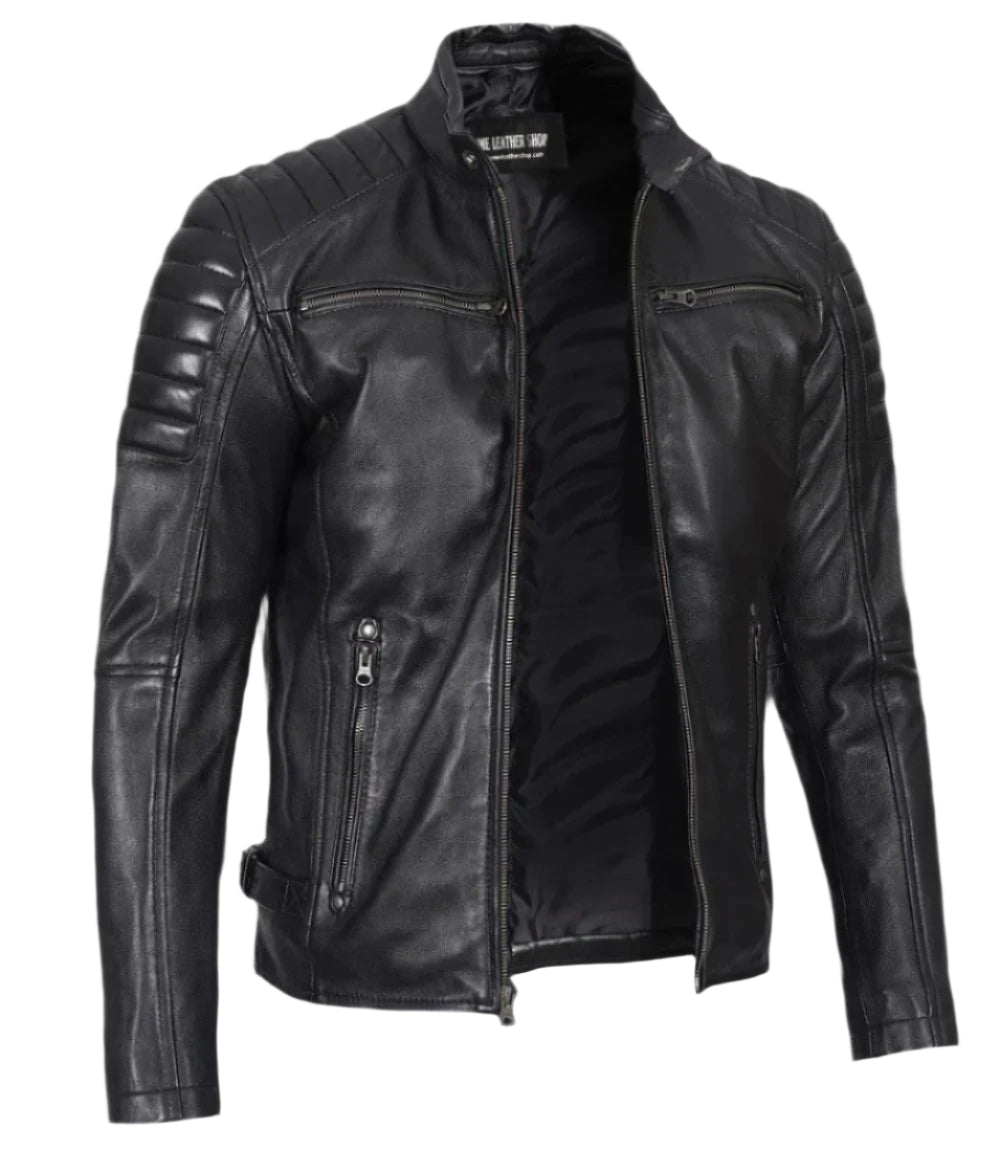 Men’s Phantom Black Café Racer Leather Jacket | Leather Jackets AU Primeleathershop