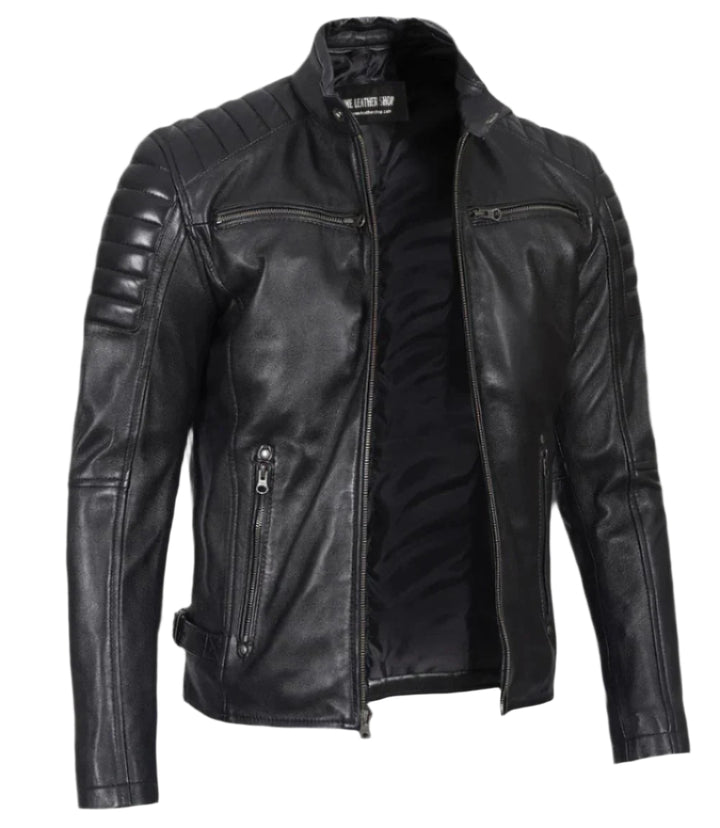 Men’s Phantom Black Café Racer Leather Jacket | Leather Jackets AU Primeleathershop
