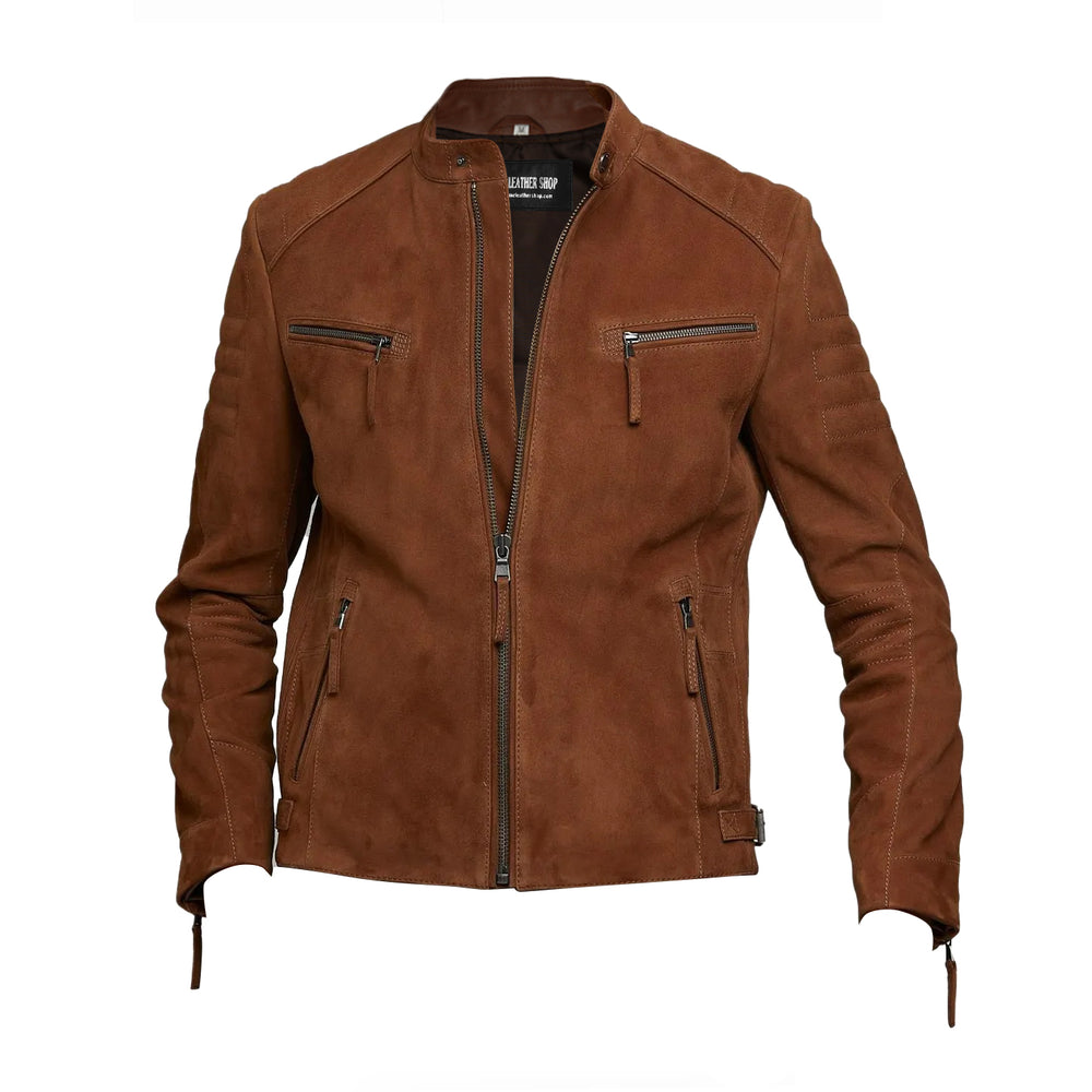 Ricciardo Suede Brown Men's Cafe Racer Leather Jacket | PrimeLeatherShop