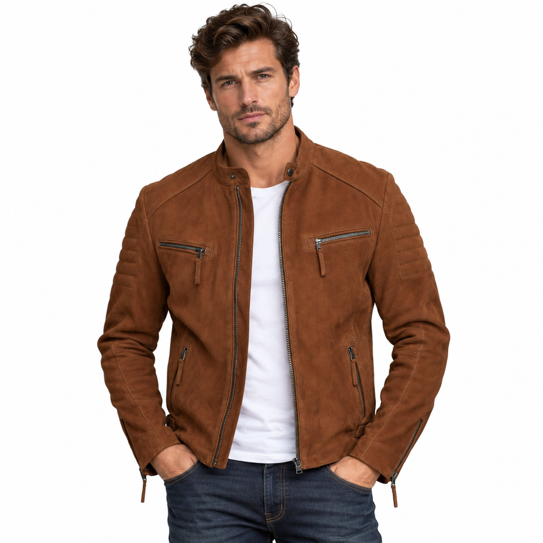 Ricciardo Suede Brown Men's Cafe Racer Leather Jacket | PrimeLeatherShop