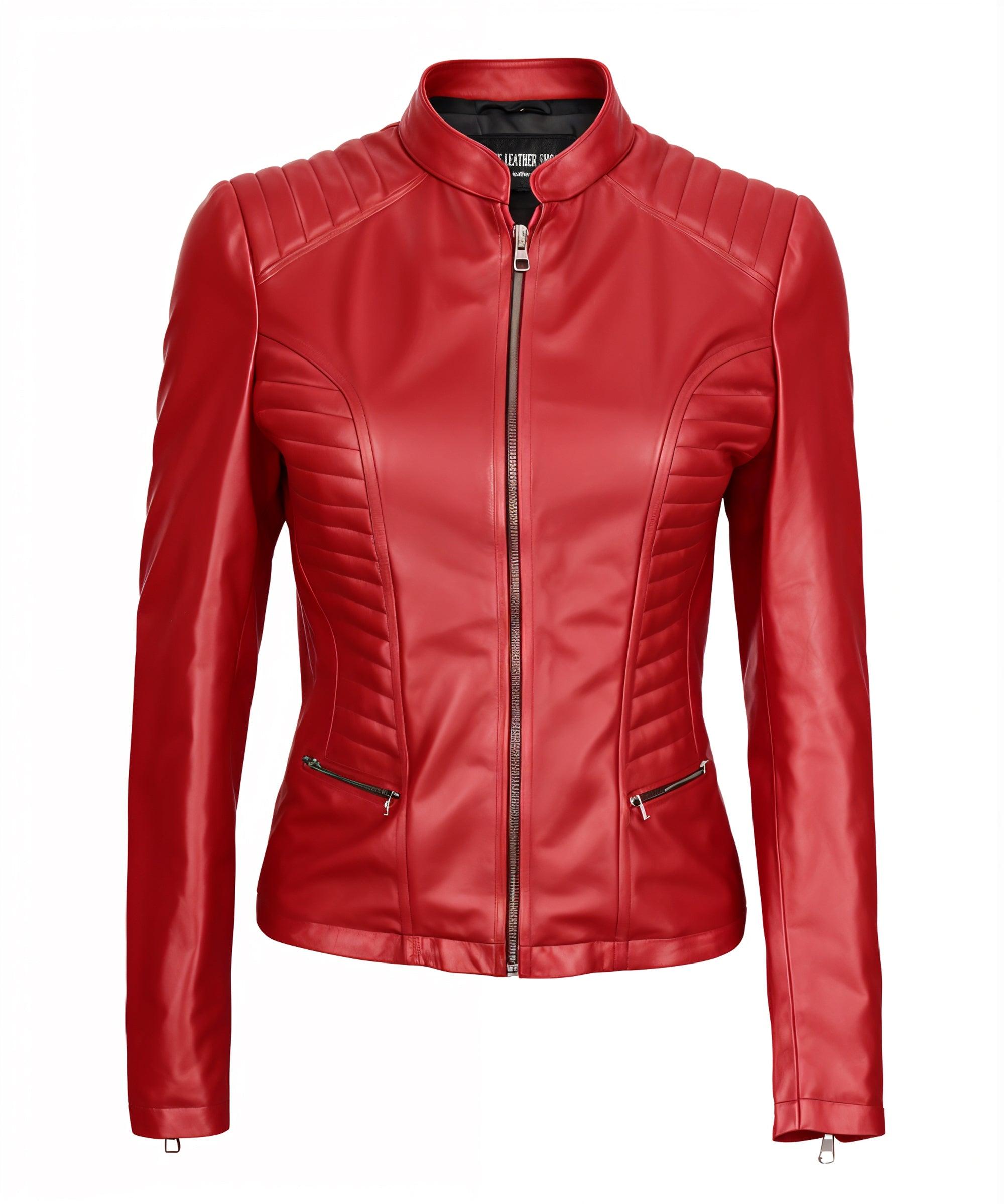 Sylvia Red Biker Leather Jacket | Leather Jackets AU Primeleathershop