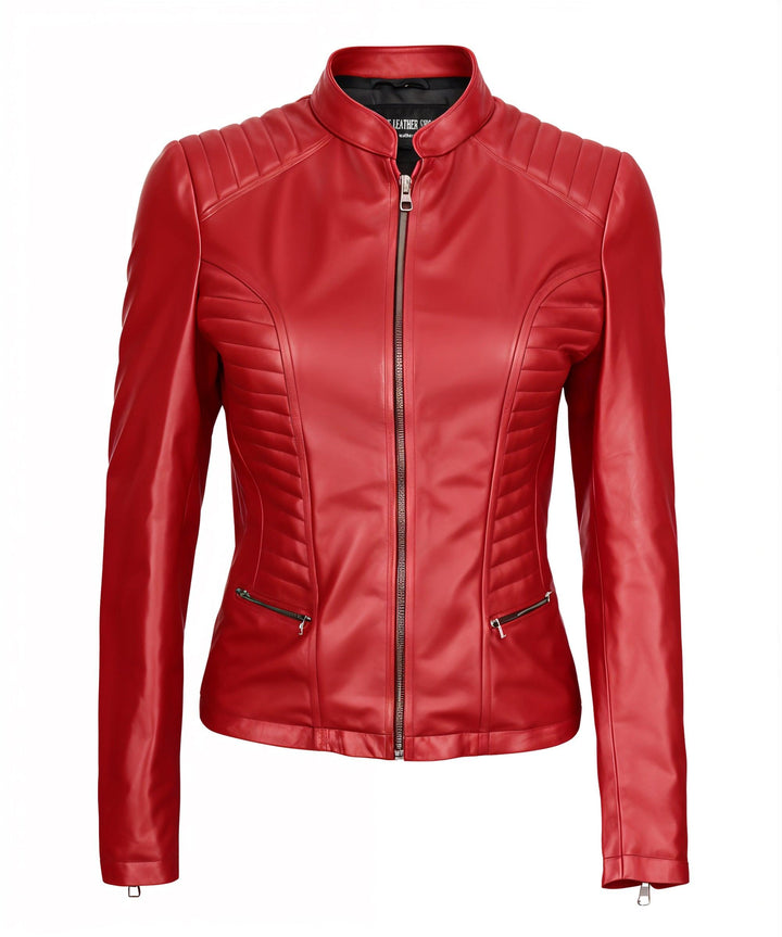 Sylvia Red Biker Leather Jacket | Leather Jackets AU Primeleathershop