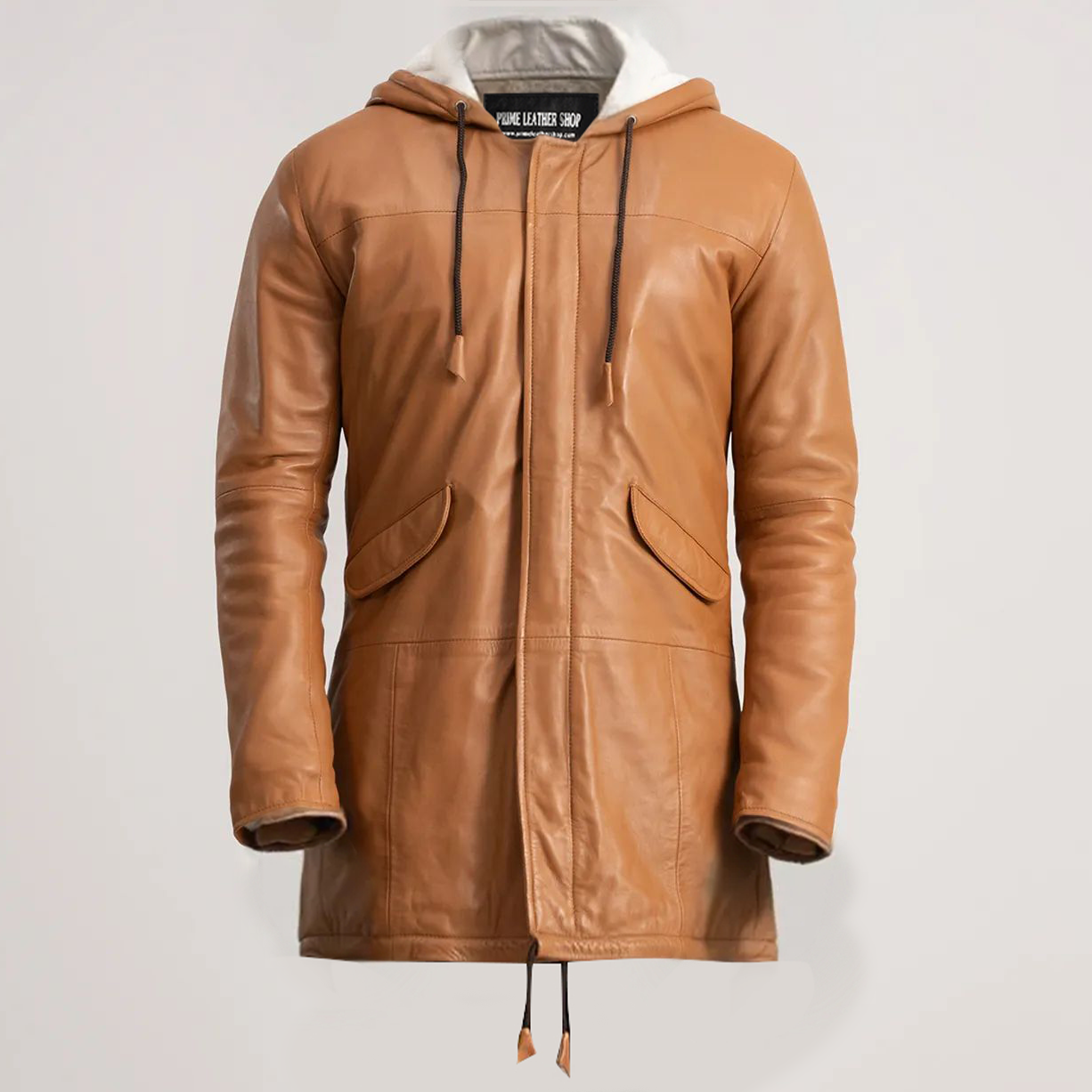 Tan leather jacket with a hood and pockets, showcasing trendy styles for leather jacket Australia this season.