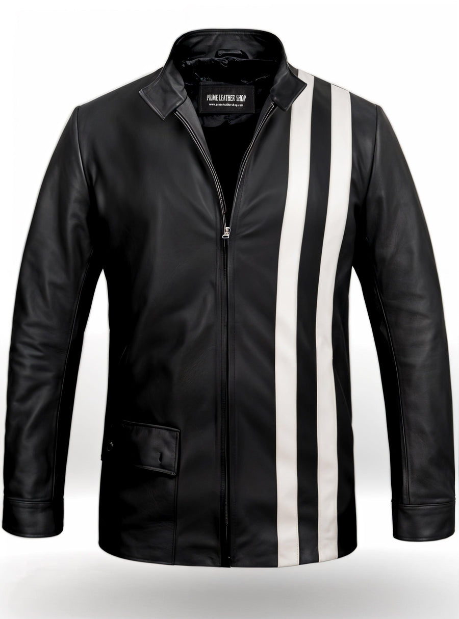 Stylish black leather jacket with white stripes, ideal for those seeking mens leather jackets in Australia.