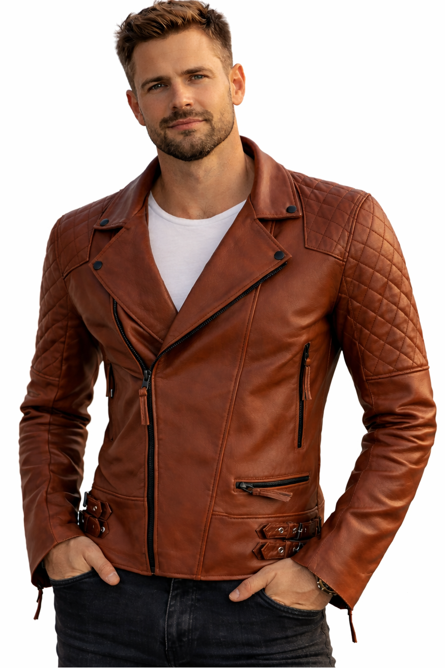 Man wearing a brown leather jacket on a white background